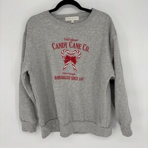 Embroidered Christmas Sweatshirt Women L Candy Cane Co Cozy Casual Gray/Red READ
